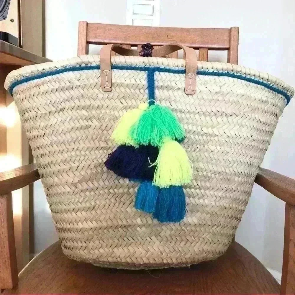 Set of Large Boho Rafia Tote Bags 14x22 Matching Clutch 7x12 Multi Color Tassels - Picture 2 of 12